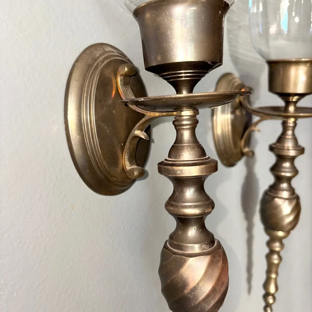 Pair of Vtg Antique Brass Hurricane Wall Sconces with Clear Glass Shades 18in